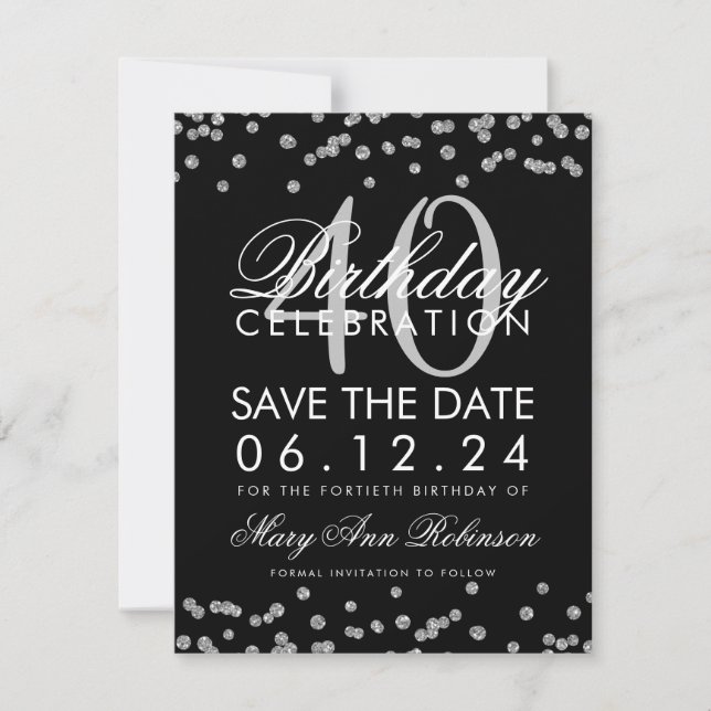 Silver Black 40th Birthday Save the Date Confetti (Front)