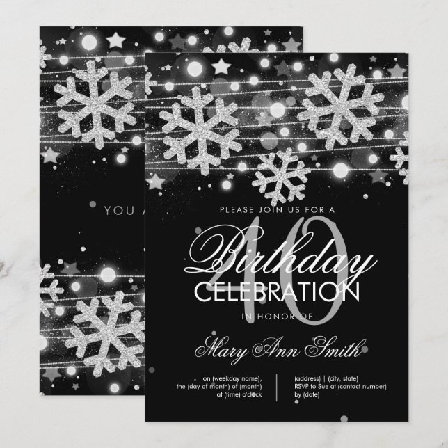 Silver Black 40th Birthday Winter Glitter Glam Invitation (Front/Back)
