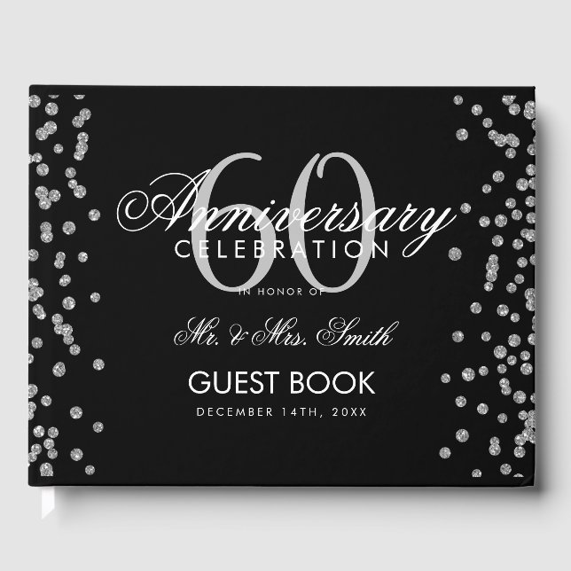 Silver Black 60th Diamond Anniversary Glitter  Guest Book (Front)