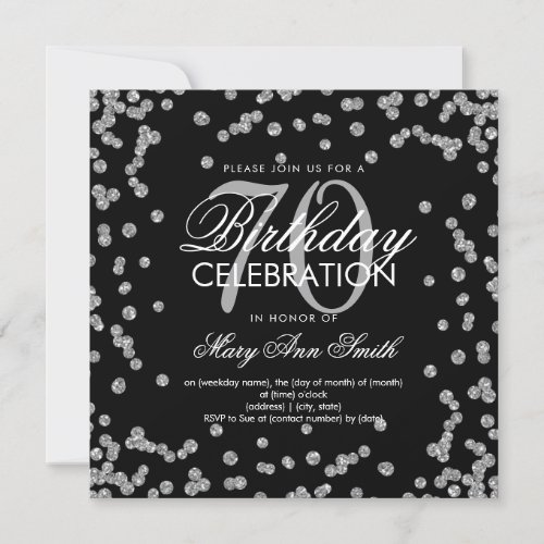 Silver Black 70th Birthday Glitter Confetti Invitation