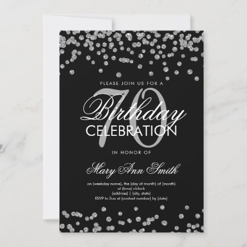 Silver Black 70th Birthday Party Glitter Confetti Invitation