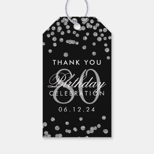 Silver Black 80 Birthday Thank You Glitter Gift Tags