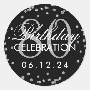 Silver Black 80th Birthday Glitter Confetti Classic Round Sticker