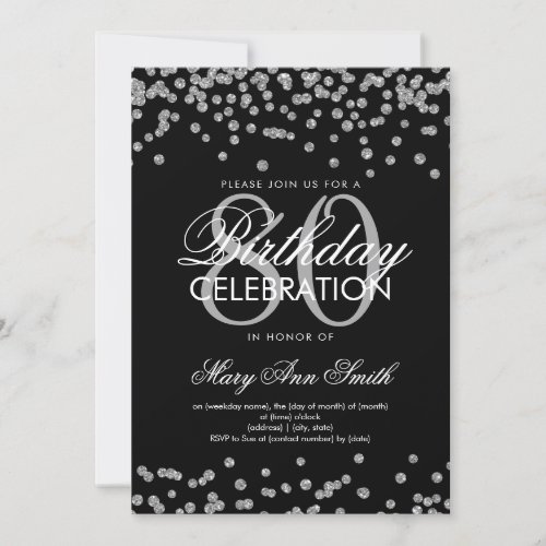 Silver Black 80th Birthday Party Glitter Confetti Invitation
