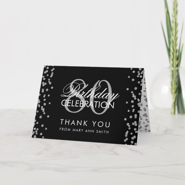 Silver Black 80th Birthday Thank you Glitter Card (Front)