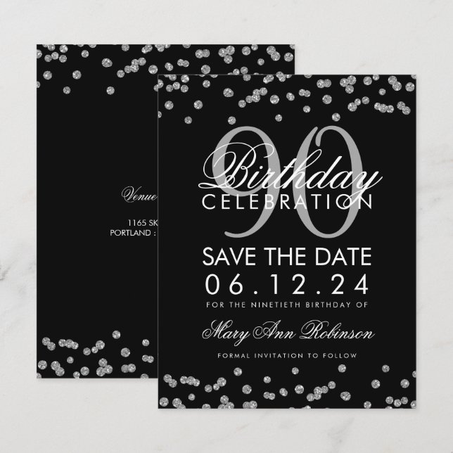 Silver Black 90th Birthday Save Date Confetti Invitation (Front/Back)