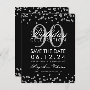 Silver Black 90th Birthday Save Date Confetti Invitation