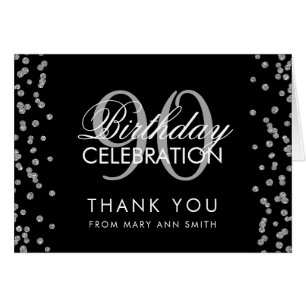 Silver Black 90th Birthday Thank you Glitter Cards