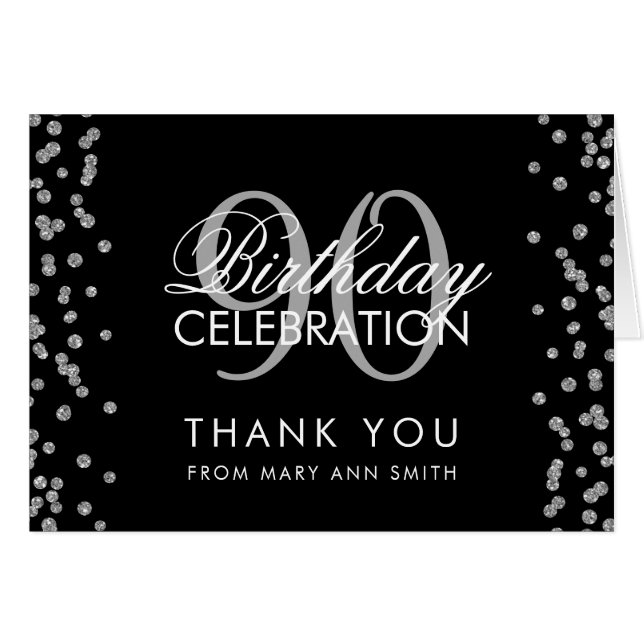 Silver Black 90th Birthday Thank you Glitter Cards (Front Horizontal)