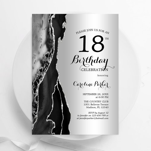 Silver Black Agate 18th Birthday Invitation