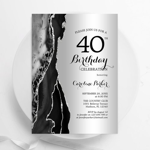 Silver Black Agate 40th Birthday Invitation