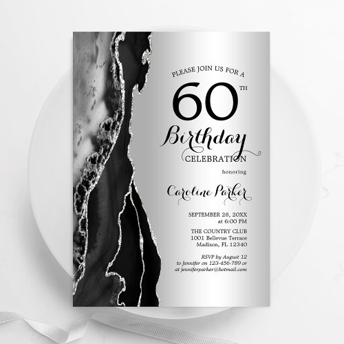 Silver Black Agate 60th Birthday Invitation