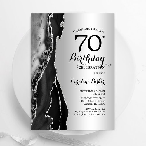 Silver Black Agate 70th Birthday Invitation