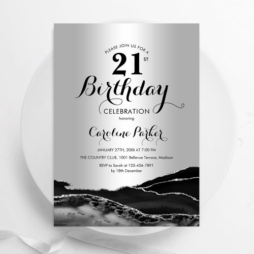 Silver Black Agate Marble 21st Birthday Invitation