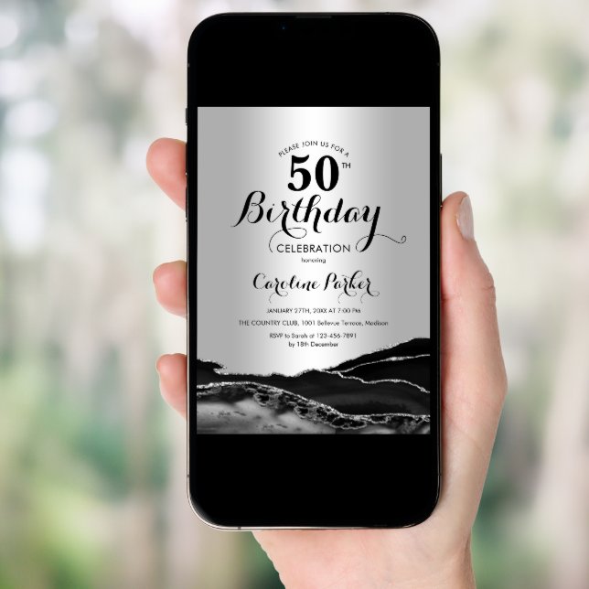 Silver Black Agate Marble 50th Birthday Invitation (Front Digital)