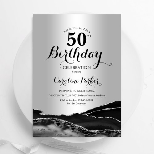 Silver Black Agate Marble 50th Birthday Invitation