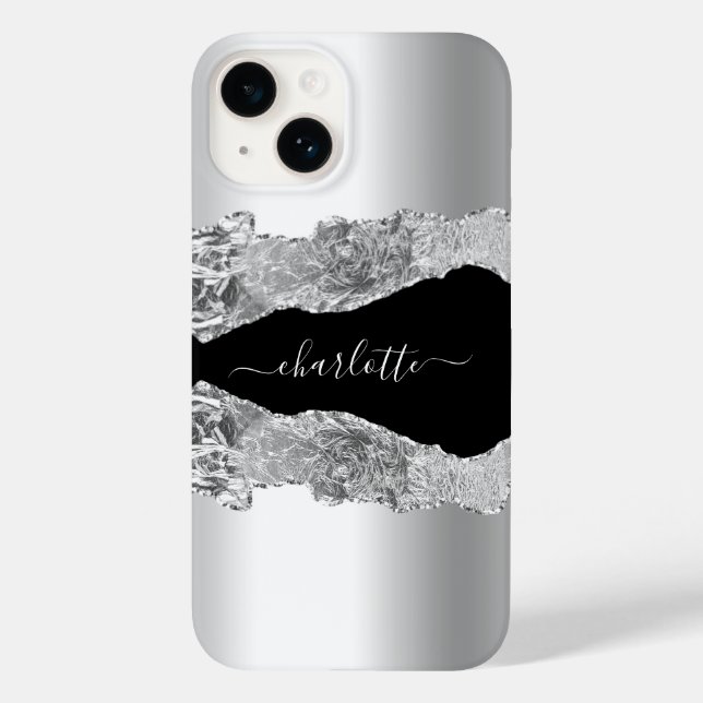 Silver black agate marble name script  Case-Mate iPhone case (Back)