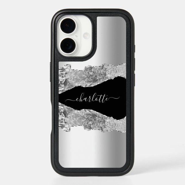 Silver black agate marble name script otterbox iPhone case (Back)