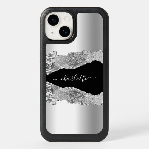Silver black agate marble name script OtterBox iPhone 14 case