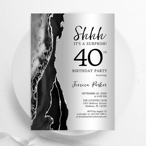 Silver Black Agate Surprise 40th Birthday Invitation