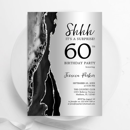 Silver Black Agate Surprise 60th Birthday Invitation