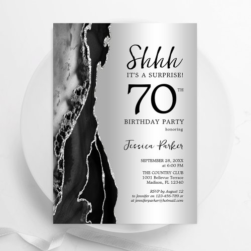 Silver Black Agate Surprise 70th Birthday Invitation