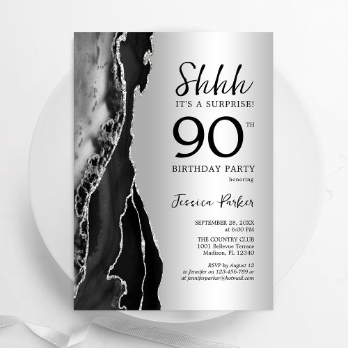Silver Black Agate Surprise 90th Birthday Invitation