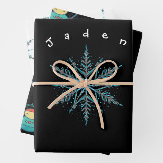 Silver Black and Blue Custom Snowflake Robot Wrapping Paper Sheets