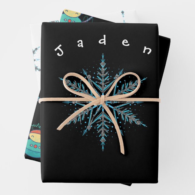 Silver Black and Blue Custom Snowflake Robot Wrapping Paper Sheets (In situ)