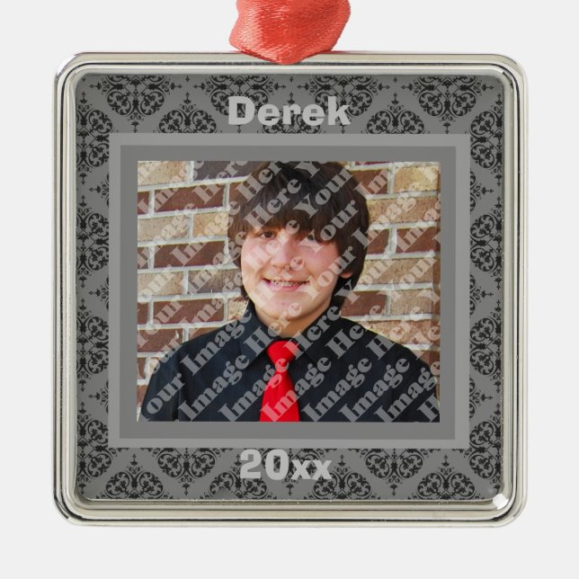 Silver Black And Gray Damask Keepsake Ornament (Front)