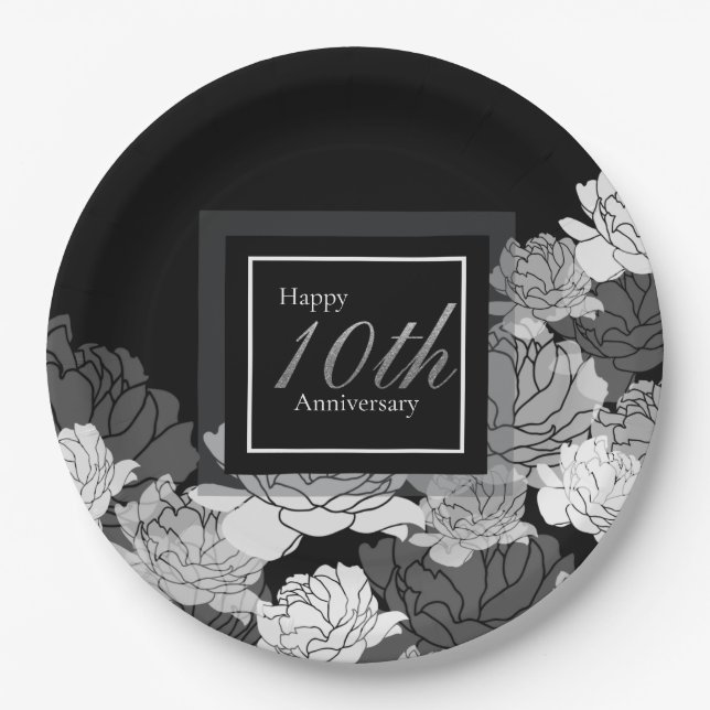 Silver, black and white 10 anniversary rose print paper plates (Front)
