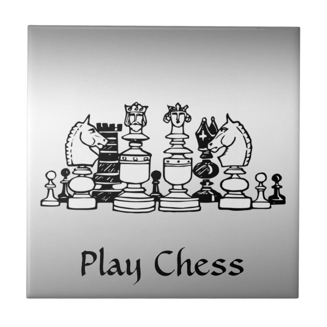 Silver Black and White Chess Pieces Ceramic Tile