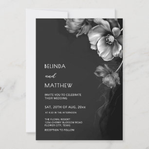 Silver Black And White Flowers Wedding  Invitation