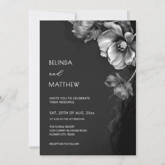Silver Black And White Flowers Wedding  Invitation