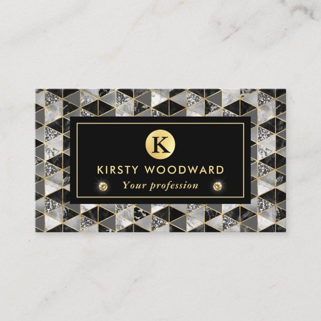 Silver, Black and White Marble Texture Geometric Business Card (Front)