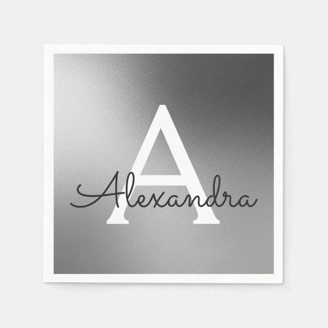 Silver, Black and White Metallic Foil Monogram Napkins (Front)