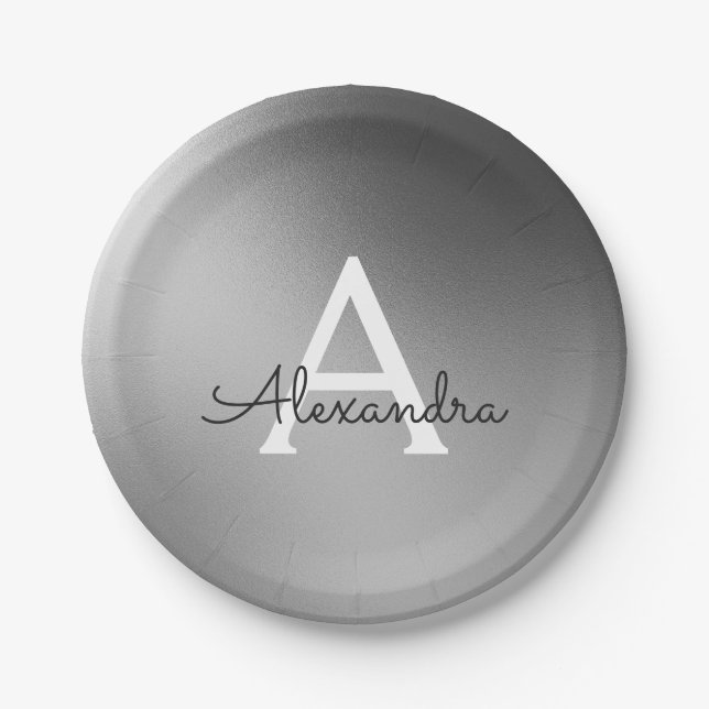 Silver, Black and White Metallic Foil Monogram Paper Plates (Front)