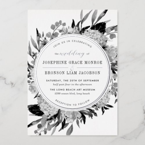 Silver Black and White Watercolor Floral Wedding Foil Invitation