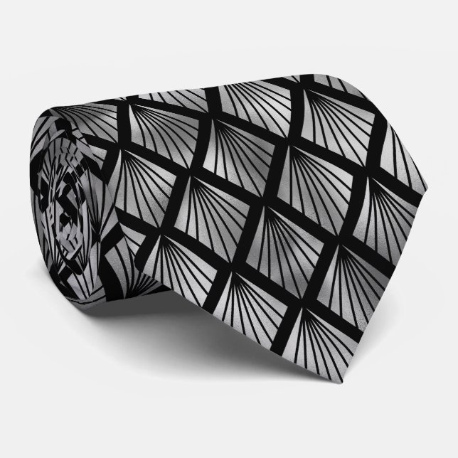 Silver black art deco tiled pattern neck tie (Rolled)
