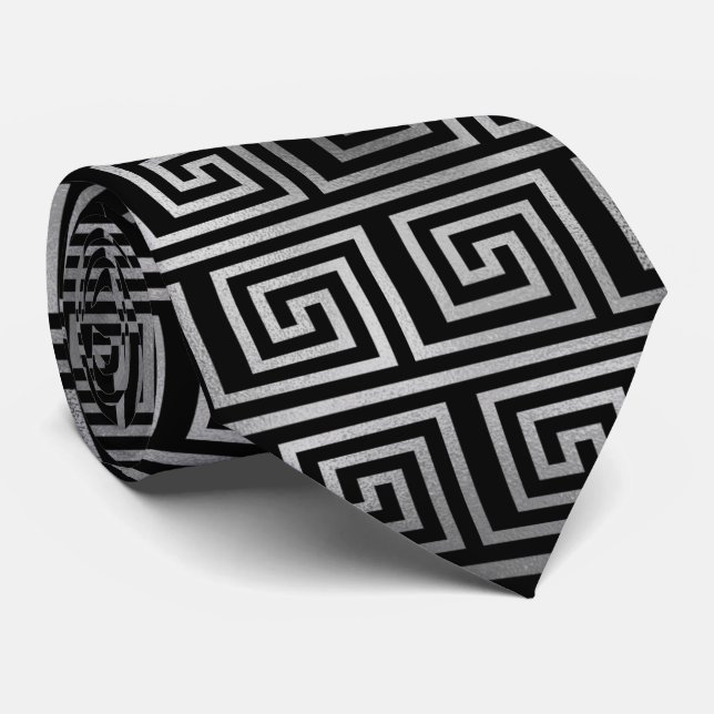 Silver black art deco tiled pattern neck tie (Rolled)