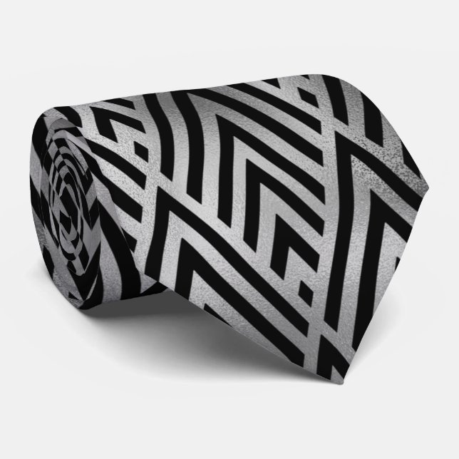 Silver black art deco tiled pattern neck tie (Rolled)