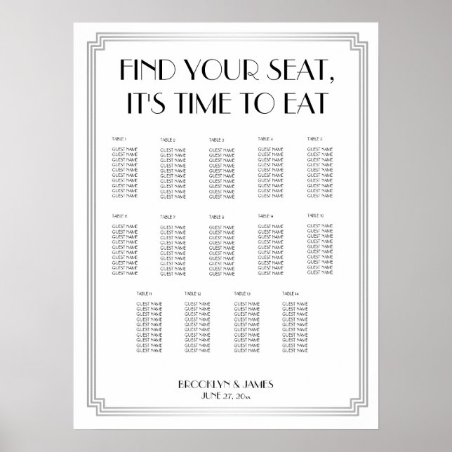 Silver Black Art Deco Wedding Seating Chart Poster (Front)
