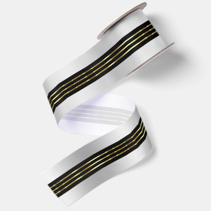 Silver Black Background Shiny Gold Stripes Accent Satin Ribbon