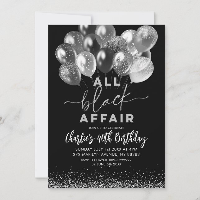 Silver Black Balloon All Black Affair Birthday Invitation (Front)
