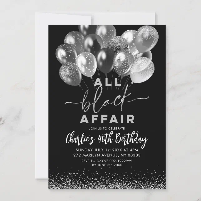 Silver Black Balloon All Black Affair Birthday Invitation Zazzle 