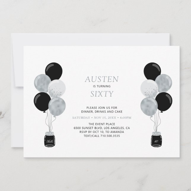 Silver & Black Balloon Modern Adult Birthday Party Invitation (Front)