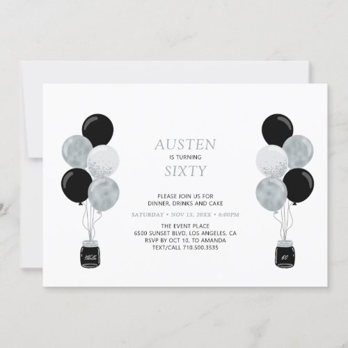 Silver  Black Balloon Modern Adult Birthday Party Invitation