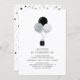 Silver & Black Balloon Modern Adult Birthday Party Invitation