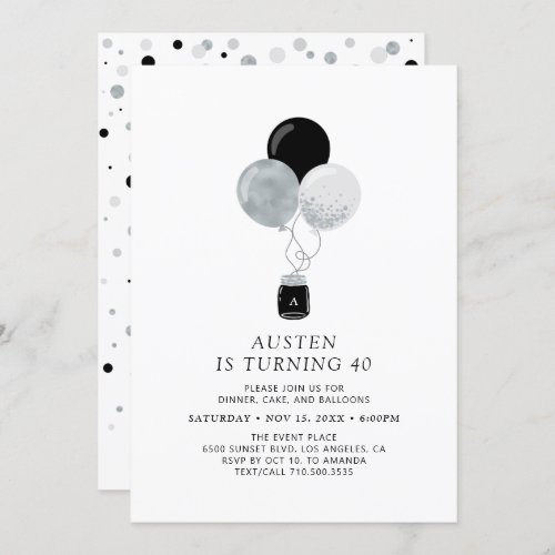 Silver  Black Balloon Modern Adult Birthday Party Invitation