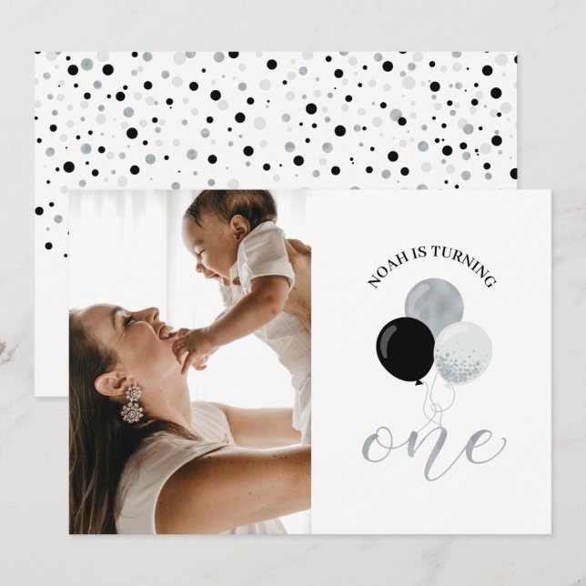 Silver & Black Balloons | Boy 1st Birthday Party Invitation (Front/Back)